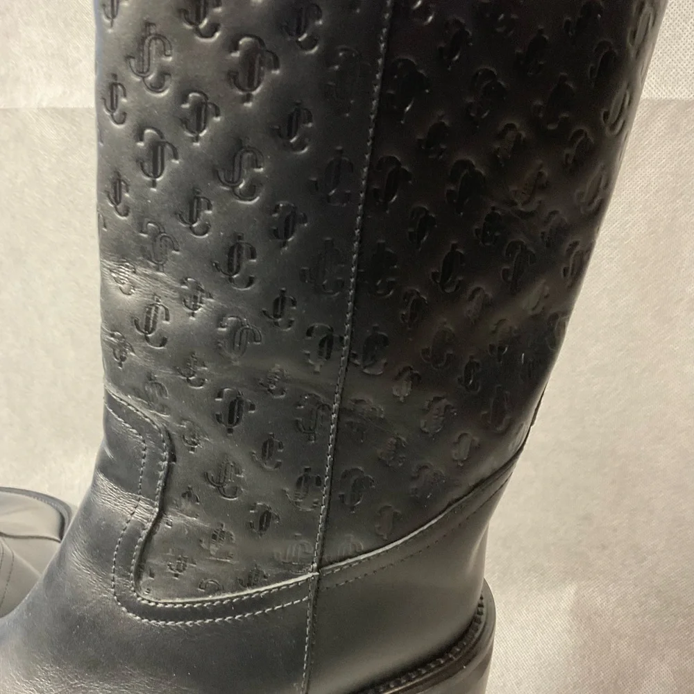 Jimmy Choo Monogram Embossed Leather Wedge Boots- Black- Barely Worn- Size 37.5 - Picture 5 of 14